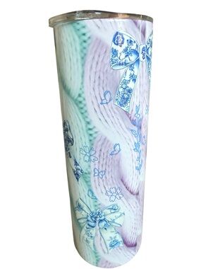 Pastel Knit-Pattern personalized tumbler with Blue Bow Accents